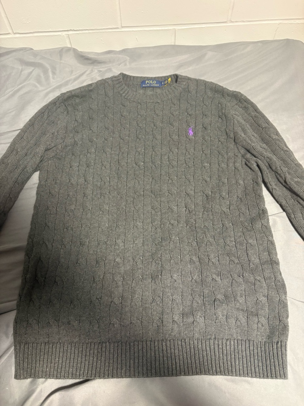 Ralph Lauren Gray Cable-Knit Crewneck Sweater with Purple Pony